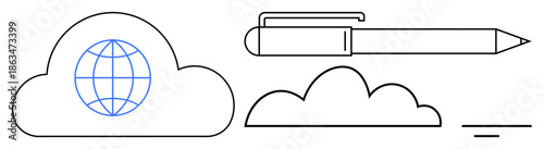 Cloud computing concept. Cloud computing with globe icon and pen symbol for digital work. Cloud computing shaping remote collaboration and online storage. Relevant for technology, networking, data
