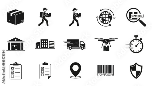 Package delivery process with courier, globe, barcode scan, storage, truck, drone, and stopwatch icons