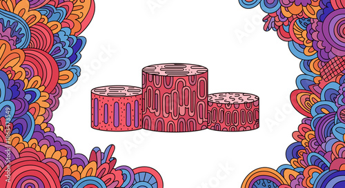 Colorful abstract podiums surrounded by vibrant floral pattern  