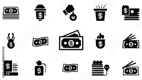 Collection of black and white money-related icons including bills, coins, and financial items