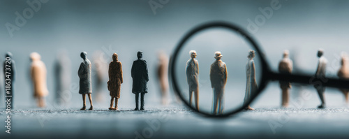 Miniature people under magnifying glass.
