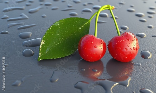 Two fresh red cherries with stem and leaf on wet surface close up