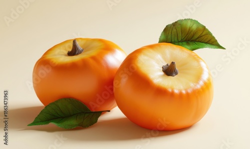 Two orange fruits with green leaves still life food freshness