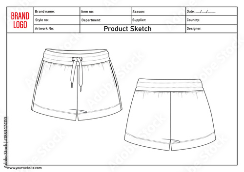 Shorts pant technical drawing template with tech pack details	