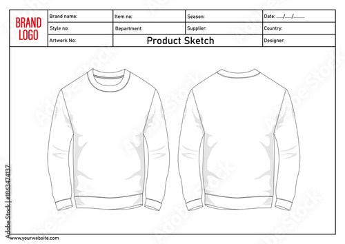 Sweatshirt technical drawing template with tech pack details	