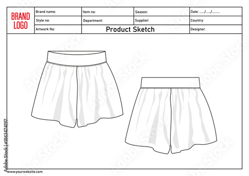 Shorts pant technical drawing template with tech pack details	