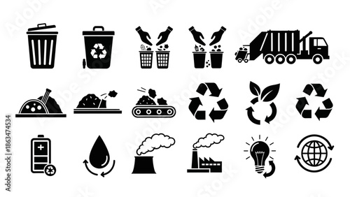 Collection of black recycling, waste, conservation, pollution, and eco-friendly icons