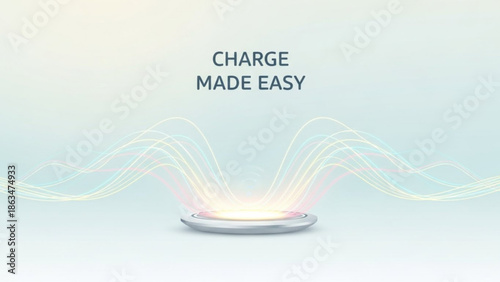 Wireless charging pad with glowing lines on a light blue background, representing easy with device with Qi