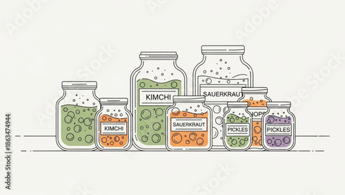 A colorful illustration of assorted pickled vegetables in glass jars, including kimchi, sauerkraut