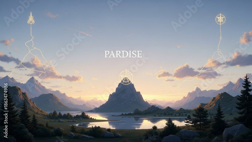 Serene mountain landscape with lake, trees, and mystical symbols at sunset, peaceful paradise with scenery