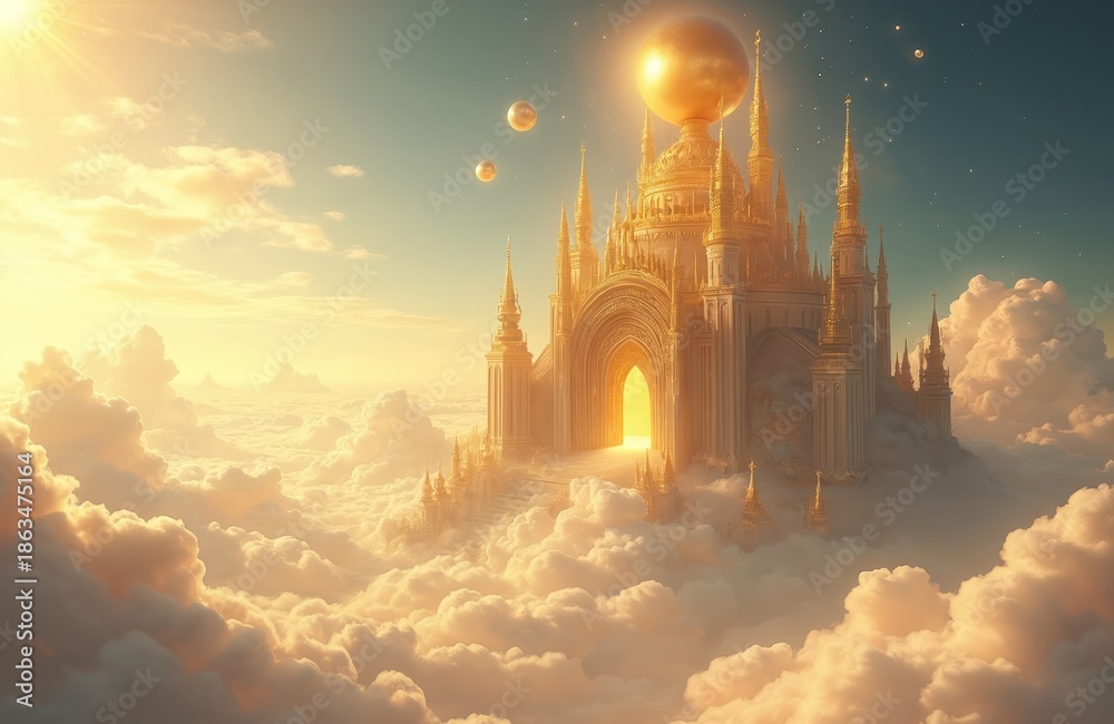 Fototapeta premium Golden palace floats high above clouds bathed in warm sunset light. Majestic ornate architecture with spires and domes evokes a divine realm. Glowing orb on top, ethereal atmosphere, divine city.