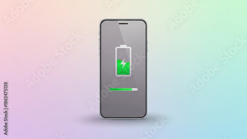 A smartphone with a battery icon on the screen showing a green charging symbol on a pastel rainbow with bar
