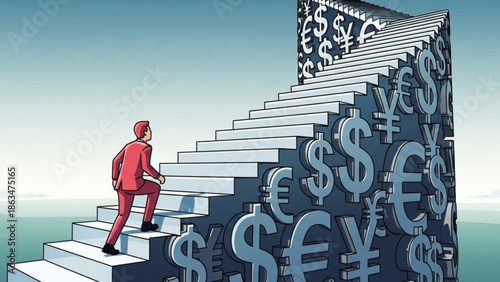 Businessman climbing stairs made of currency symbols to reach financial success and wealth growth with yen