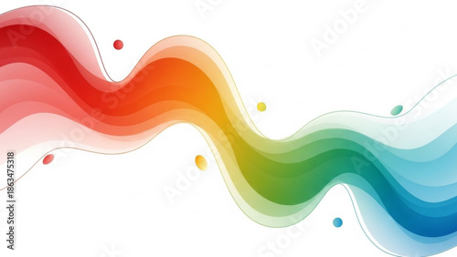 Vibrant rainbow colored wavy lines and dots on white background, abstract graphic design element with art