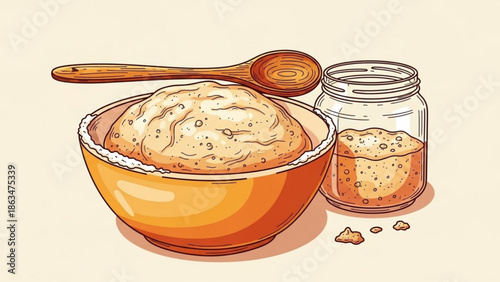 A bowl of dough and a jar of liquid next to a wooden spoon on a table for baking with kitchen with cooking