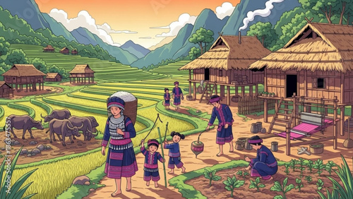 A serene rural village scene with people working in rice fields and traditional houses with thatched