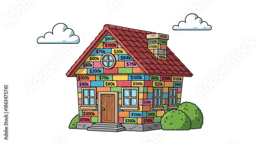 A cartoon house with dollar amounts on the exterior walls and roof, symbolizing financial costs with money