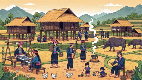 Traditional rural village scene with people engaging in daily activities, stilt houses, oxen with mountains