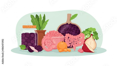 A colorful illustration of a healthy gut with food and plants, showcasing a jar of berries, a bowl with red