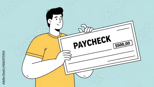 A smiling man in a yellow shirt holding a large paycheck with a five hundred dollar amount with money