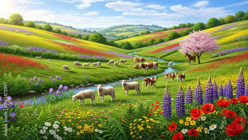 Serene countryside landscape with sheep, cows, and horses grazing in a vibrant field of colorful with rural
