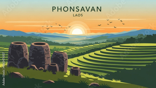 Stylized illustration of ancient stone structures amidst green rice terraces at sunset in rural laos