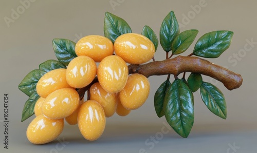 Yellow fruit bunch on a tree branch with green leaves still life