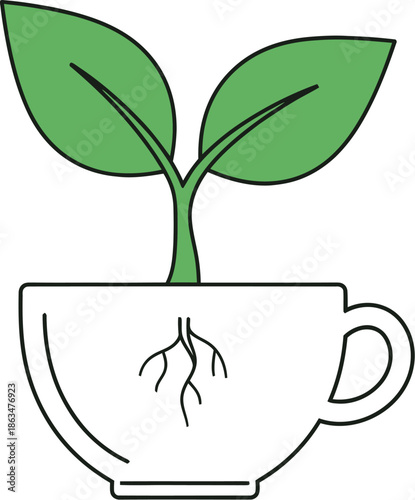 Minimal icon seedling emerging from teacup clean black-and-white vector illustration growth nurture concept