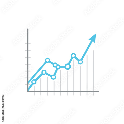 Conceptual illustration of a financial growth chart with upward trend and fluctuating data points on a white background