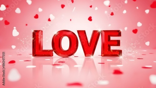 Valentine's day celebration with red love text and heart petals