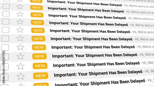Shipment Has Been Delayed notifications appear repeatedly in an animated email inbox. Ideal for illustrating logistics problems, e-commerce challenges, or customer service communication.