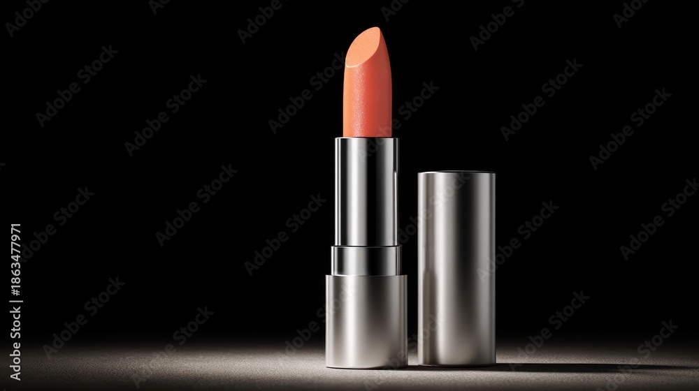 Fototapeta premium Peach-toned lipstick with silver casing, resting on illuminated surface