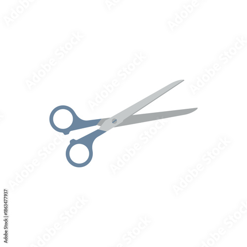 Vector illustration of open silver scissors with blue handles, a versatile tool for precise cutting in crafts, office, and professional tasks