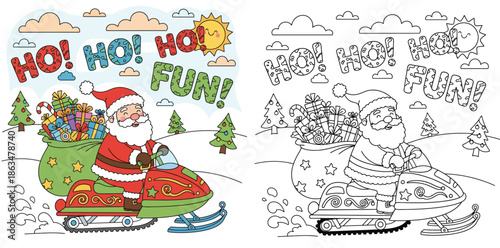 Christmas coloring page for kids showing Santa Claus riding a snowmobile with a sack of gifts, vector illustration with colored and black and white outline versions