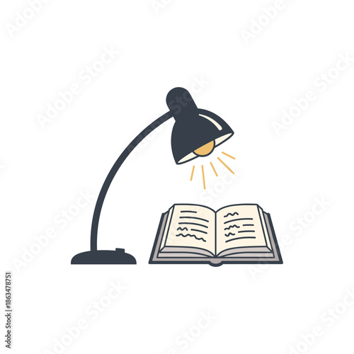 Vector illustration of a stylized desk lamp illuminating an open book, symbolizing focused study, education, and the pursuit of knowledge. Ideal for academic, learning, and literary themes