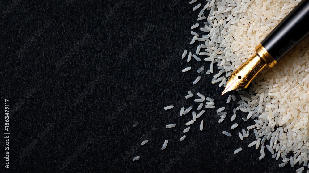 Fototapeta premium Elegant pen lies on rice grains next to a smooth black surface, creating a visual contrast
