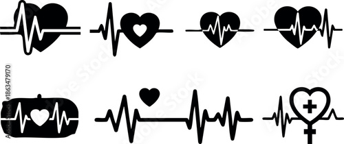 Heartbeat pulse icons with heart shapes and medical symbols vector set 
