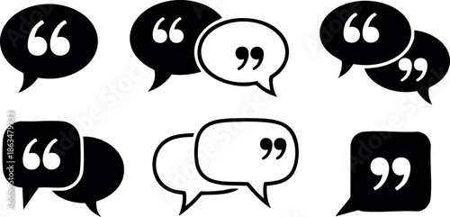 Quotation Marks Speech Bubbles Vector Illustration Set in Black and White 