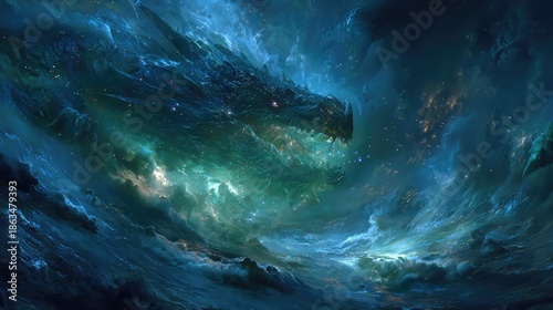 Tiamat Babylonian Sea Dragon Rising from Chaotic Stormy Ocean
