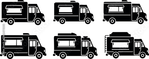 Black silhouette camper van vector set with different side views and window positions 