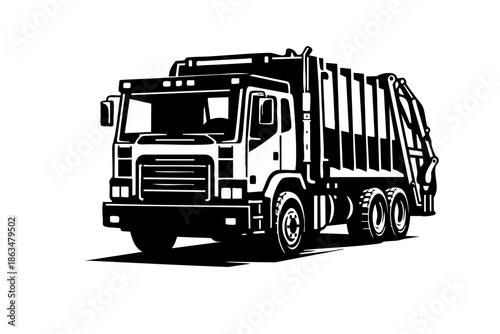 Solid black and white vector illustration of a modern garbage truck driving forward