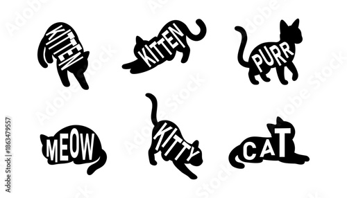 Typography silhouettes of cats with words. Creative black vector illustrations combining animals and text