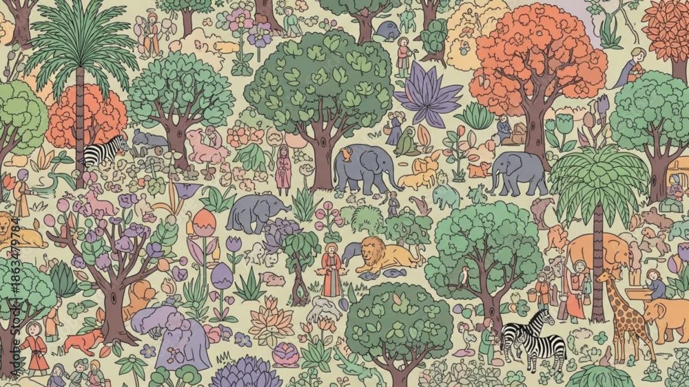 Fototapeta premium Vibrant jungle scene with diverse wildlife, lush greenery, exotic trees, and people in a colorful
