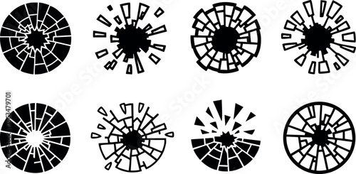 Broken glass cracks vector icons with various shattered patterns in black and white design 