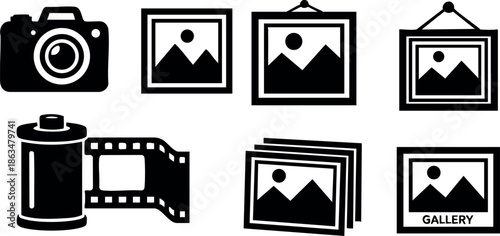 Photography and photo gallery icon set with camera film roll and framed pictures vector illustration 