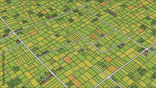 Aerial view of a rural landscape with roads and fields, green and yellow farmland, trees with countryside