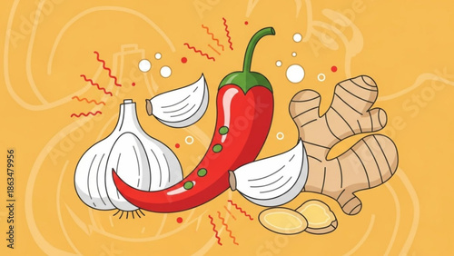 Spicy ingredients for cooking, red chili pepper, garlic cloves, and fresh ginger on yellow with recipe