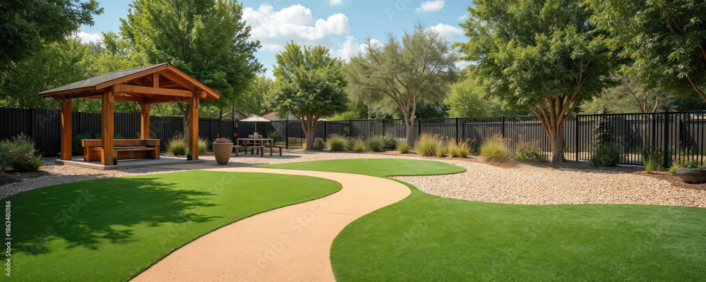 Obraz premium Wooden gazebo and picnic table in green grassy yard. Winding pathway leads through landscaped area. Tall trees and black fence surround outdoor space. Bright sunny day with blue sky.