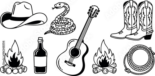 Cowboy hat snake guitar boots campfire bottle rope western vector illustration 