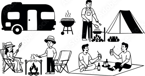 Camping trailer tent barbecue fire outdoor leisure picnic vector illustration 
